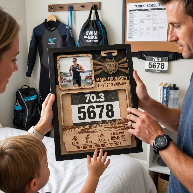 Personalized First 70.3 Triathlon Bib and Medal Display, Personalized North Carolina Race Bib Holder, Custom Triathlon Medal Hanger
