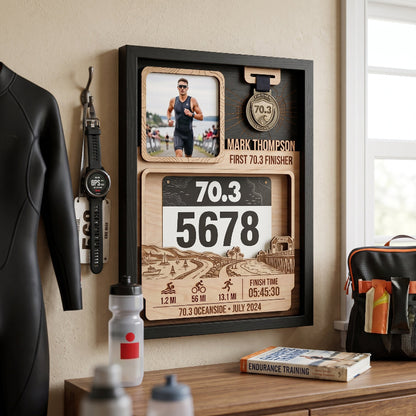 Triathlon Bib and Medal Display for First 70.3, Personalized Oceanside Race Keepsake, Custom Race Bib Holder