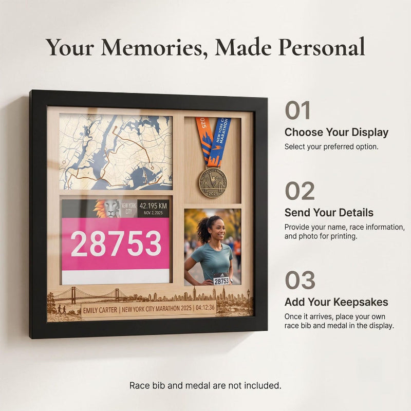 New York Marathon Shadow Box Display, Race Bib Medal and Photo Holder, Personalized Running Memory Box for Marathon Runners
