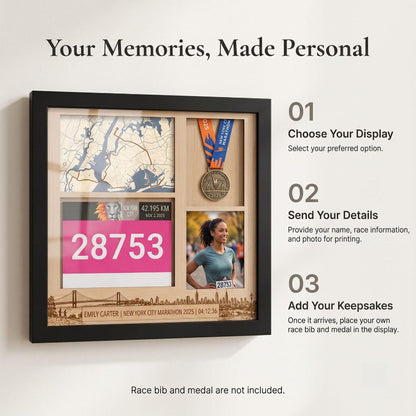 New York Marathon Shadow Box Display, Race Bib Medal and Photo Holder, Personalized Running Memory Box for Marathon Runners