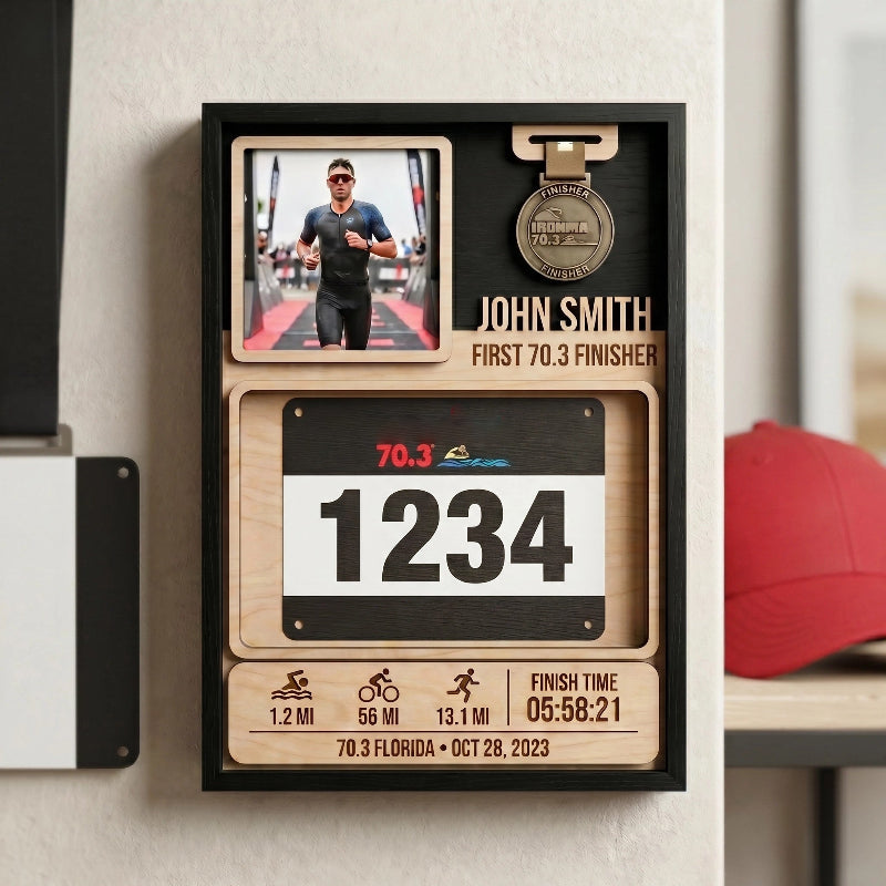 First 70.3 Triathlon Bib and Medal Display, Personalized Race Bib Holder, Half Distance Finisher Gift