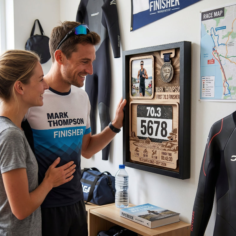 First 70.3 Triathlon Bib and Medal Display, Personalized Santa Cruz Race Bib Holder, Custom Triathlon Medal Hanger