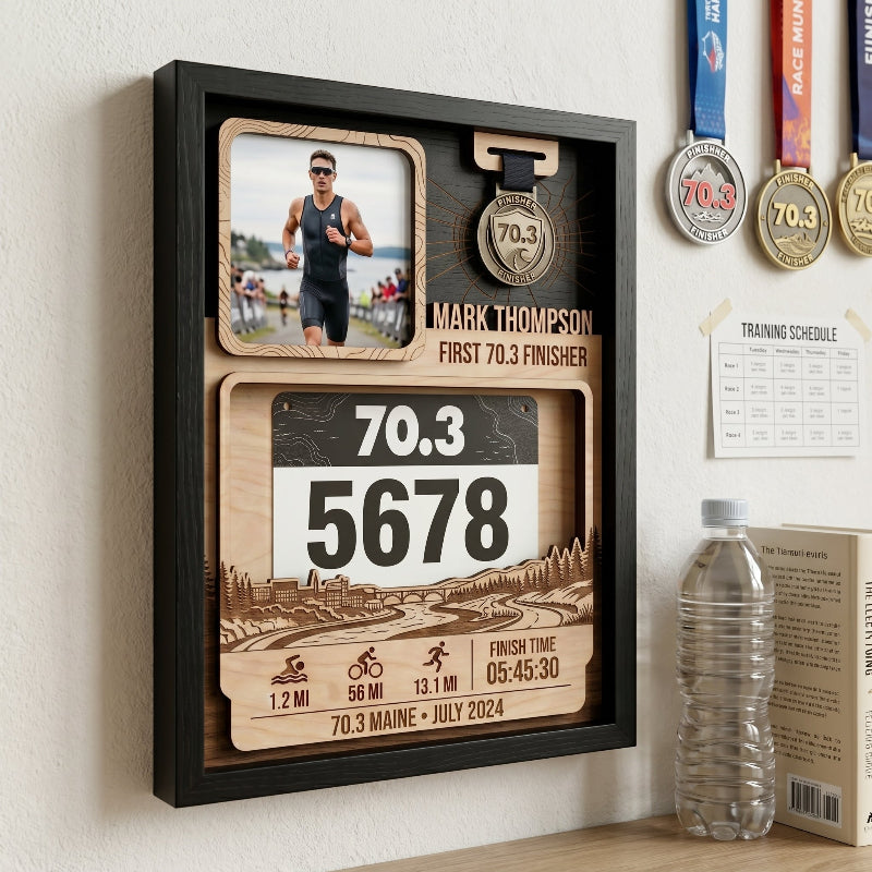 First 70.3 Triathlon Bib and Medal Display, Personalized Maine Race Bib Holder, Custom Triathlon Gift