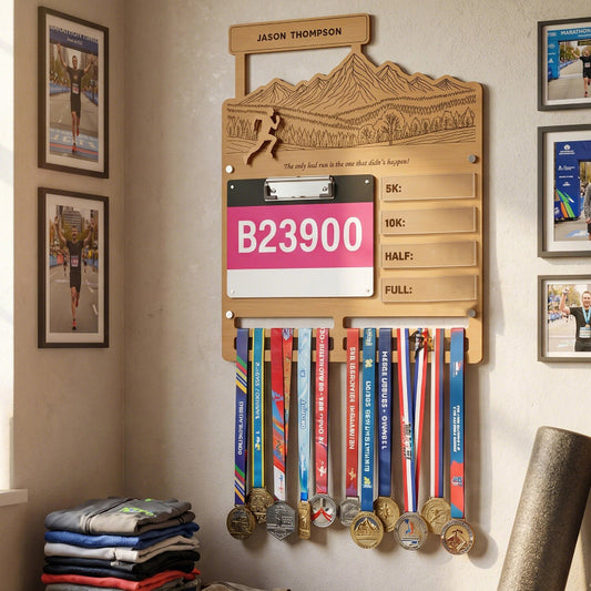 Personalized Running Medal and Bibs Holder With Name, Custom Marathon Medal Display, Wooden Race Bib Organizer, Gift for Runners