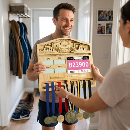 Personalized 3D Running Milestone and Bib Display, Custom Marathon Medal Holder, Wooden Race Achievement Wall Decor, Gift for Runners