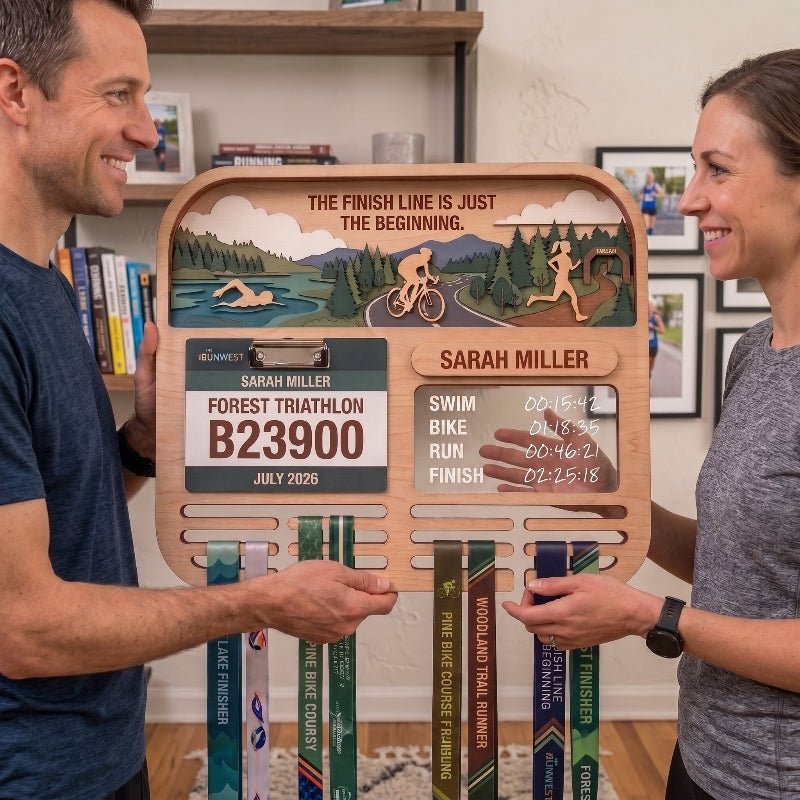Layered Triathlon Medal Display, Forest Race Bib Holder & Custom Medal Hanger, Triathlete Gift, Race Day Keepsake