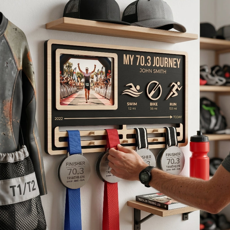 My Journey Triathlon Medal Holder, Personalized 70.3 Medal Display, Custom Wooden Medal Hanger, Gift for Triathletes