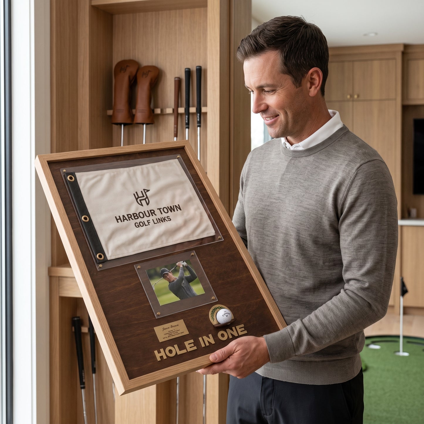 Hole in One Golf Display | Personalized Ball, Flag & Photo Holder | Golf Gift for Him