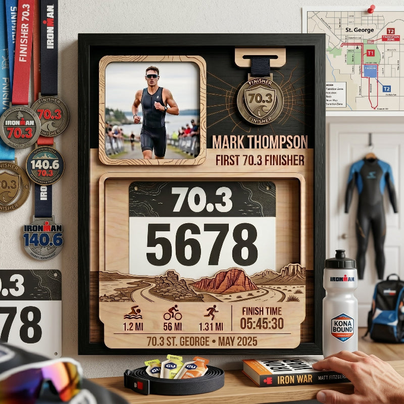 First 70.3 St. George Race Bib Holder, Personalized Triathlon Bib and Medal Display, Custom Finisher Medal Keepsake