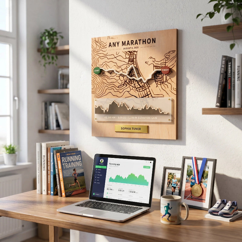 Personalized Marathon Route Map Board, 3D Running Display, Custom Race Memory Wall Decor, Gift for Runners