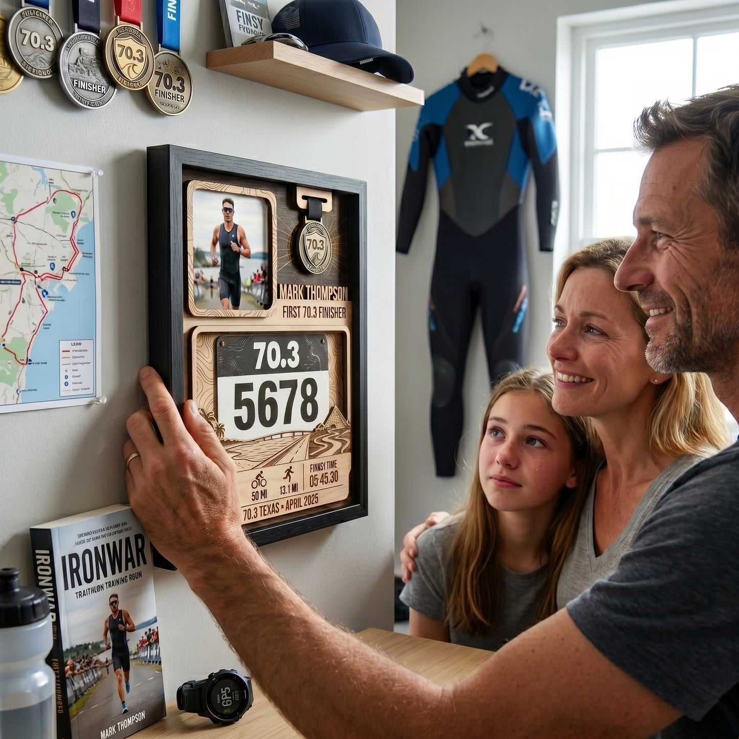 Personalized Texas 70.3 Bib and Medal Display, First Triathlon Finisher Keepsake, Custom Race Bib Holder