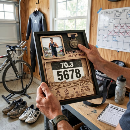 Personalized Rockford 70.3 Bib and Medal Display, First Triathlon Race Bib Holder, Custom Finisher Medal Keepsake