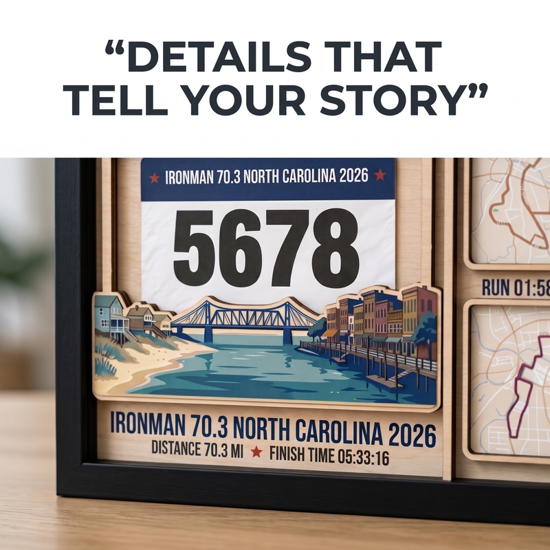 North Carolina Triathlon Medal Display, Personalized Medal Hanger with Photo, Race Bib & Route Options, Triathlete Gift