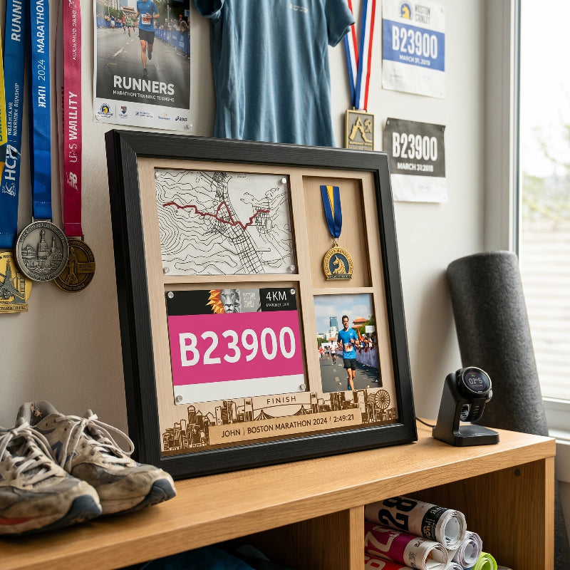 Personalized Running Medal Holder, Race Bib Medal and Photo Display, Custom Marathon Memory Wall Hanger, Gift for Runners