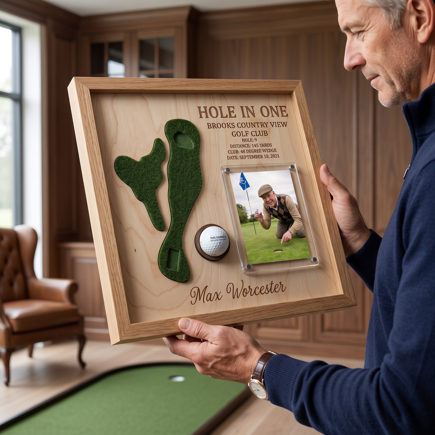 Hole in One Golf Ball Display Personalized Golf Plaque Brass Name Tag Golf Gift