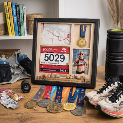 New York Marathon Shadow Box Display, Race Bib Medal and Photo Holder, Personalized Running Memory Box, Gift for Marathon Runners