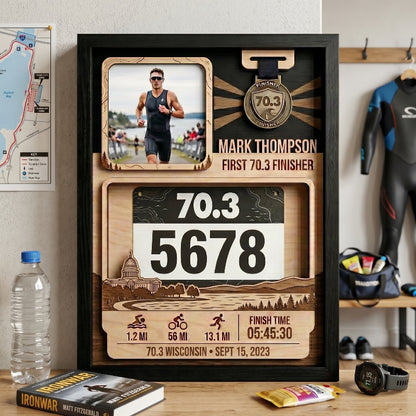 Personalized First 70.3 Race Bib Display, Wisconsin  Triathlon Medal Holder, Custom Bib and Medal Display Gift