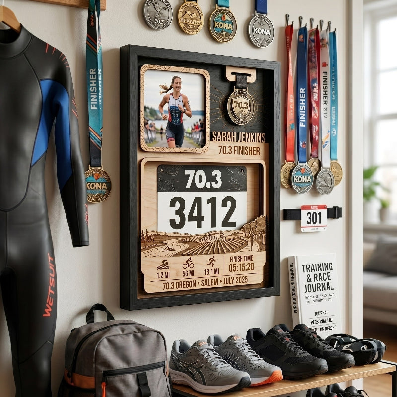 First 70.3 Oregon Race Bib and Medal Display, Personalized Triathlon Medal Holder, Custom Finisher Keepsake