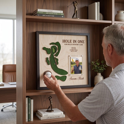 Personalized Hole in One Golf Display with Golf Course Map, Golf Ball Holder & Photo