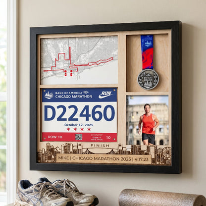 Chicago Marathon Shadow Box Display, Race Bib Medal and Photo Holder, Personalized Running Memory Box, Gift for Marathon Runners