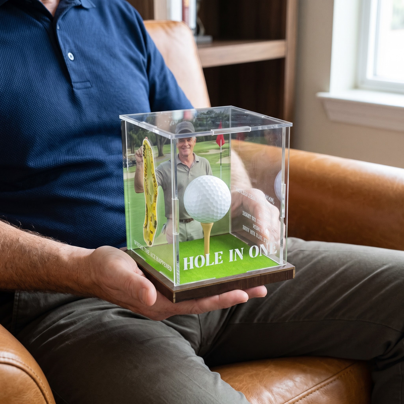 Hole in One Display with Photo, Personalized Golf Ball & Course Map Mica Box, Custom Golf Gift for Dad, Golf Keepsake for Him