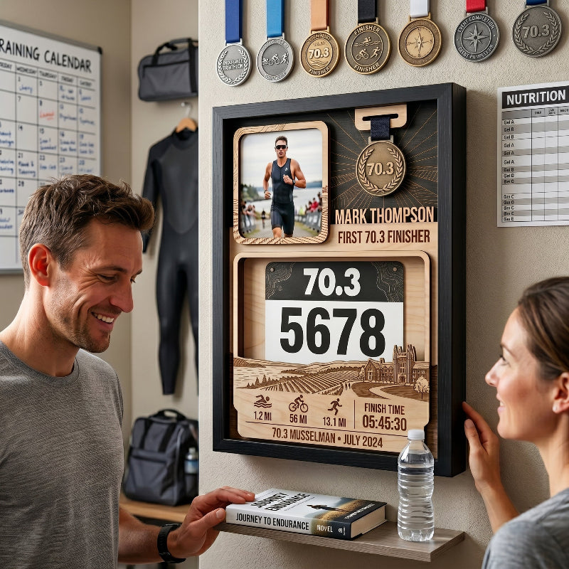 First 70.3 Triathlon Bib and Medal Display, Personalized Musselman Race Bib Holder, Custom Triathlon Medal Hanger
