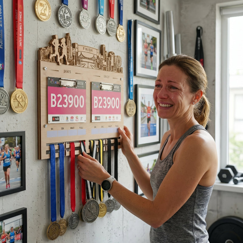 Personalized Couple’s Running Medal and Bib Display, Custom Marathon Medal Holder for Couples, Wooden Race Achievement Wall Decor, Gift for Runners