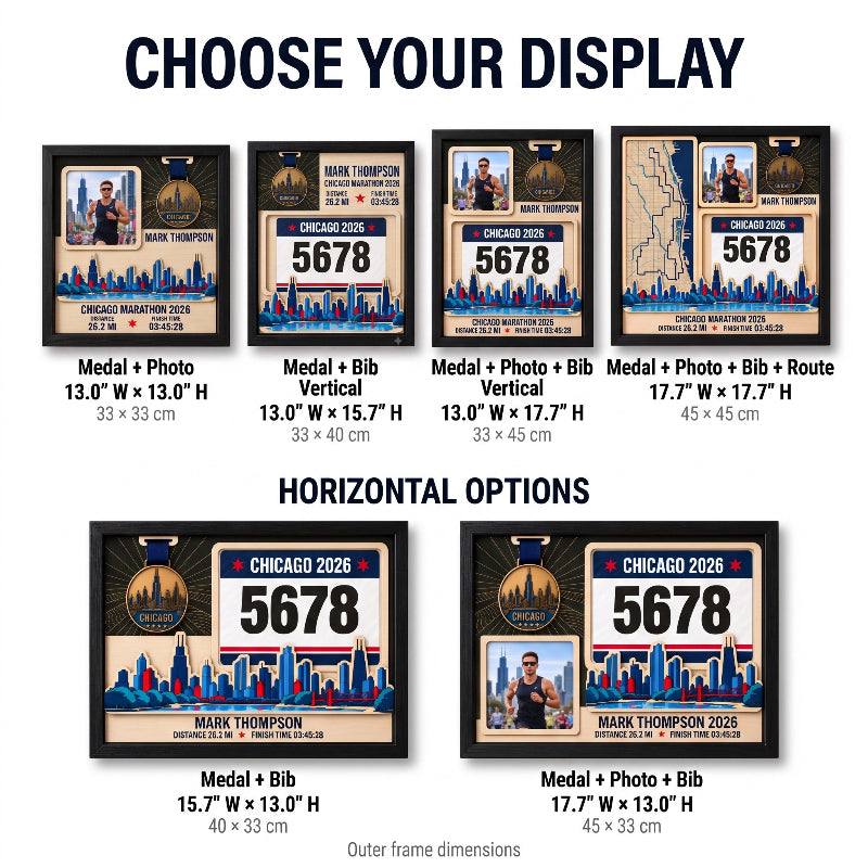 Chicago Marathon Layering Medal Hanger, Personalized Race Route Map on Wood, Custom Bib & Medal Display with Photo, Gift for Marathon Finisher