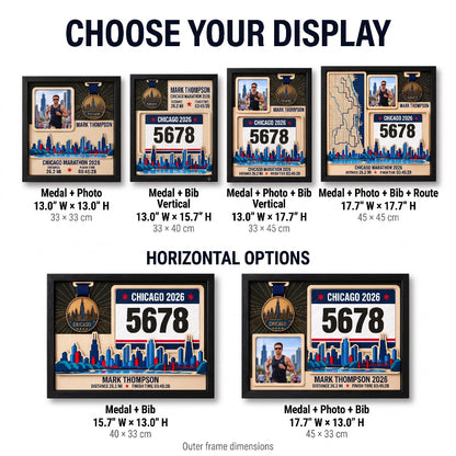 Chicago Marathon Layering Medal Hanger, Personalized Race Route Map on Wood, Custom Bib & Medal Display with Photo, Gift for Marathon Finisher