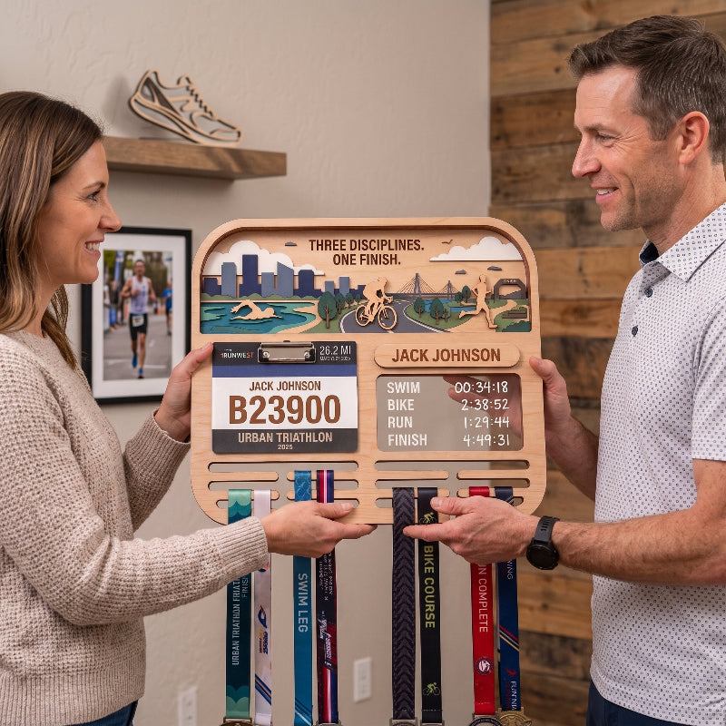 Personalized Triathlon Medal Display, Forest Medal Hanger, Optional Race Bib Holder, Triathlete Gift