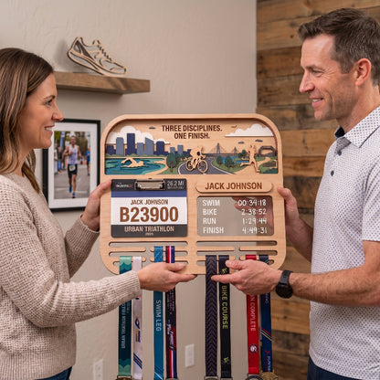 Personalized Triathlon Medal Display, Forest Medal Hanger, Optional Race Bib Holder, Triathlete Gift