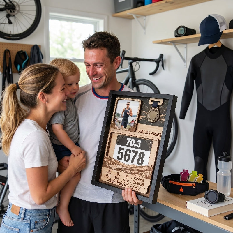 Custom Triathlon Bib and Medal Display, First 70.3 Tremblant Race Bib Holder, Personalized Finisher Keepsake