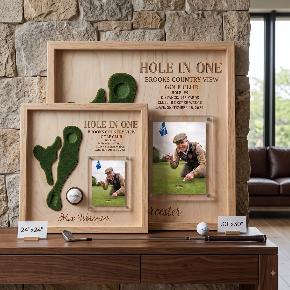 Hole in One Golf Ball Display Personalized Golf Plaque Brass Name Tag Golf Gift