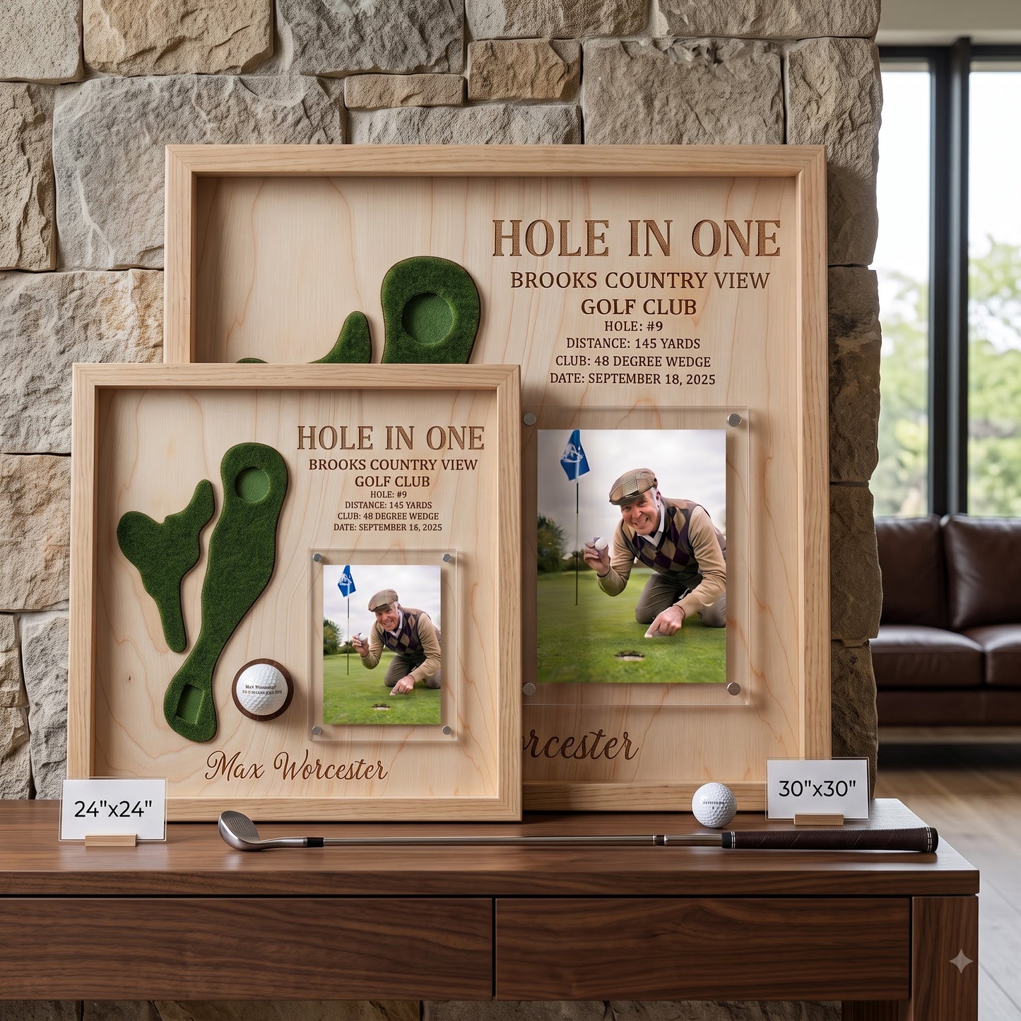 Hole in One Golf Ball Display Personalized Golf Plaque Brass Name Tag Golf Gift