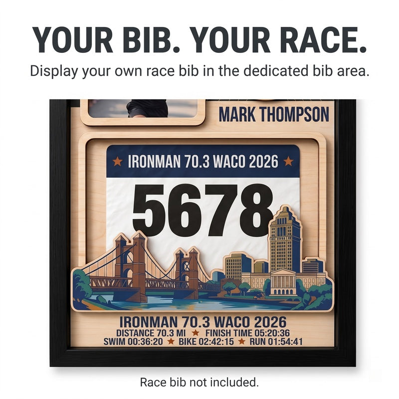 Waco Triathlon Medal Display, Personalized Medal Hanger with Photo, Race Bib & Route Options, Triathlete Gift