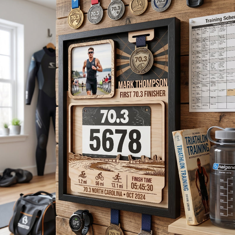 Personalized First 70.3 Triathlon Bib and Medal Display, Personalized North Carolina Race Bib Holder, Custom Triathlon Medal Hanger