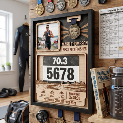 Personalized First 70.3 Triathlon Bib and Medal Display, Personalized North Carolina Race Bib Holder, Custom Triathlon Medal Hanger
