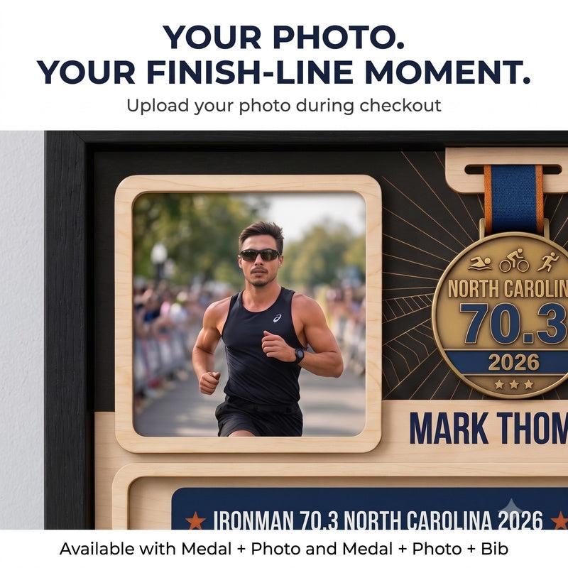 North Carolina Triathlon Medal Display, Personalized Medal Hanger with Photo, Race Bib & Route Options, Triathlete Gift