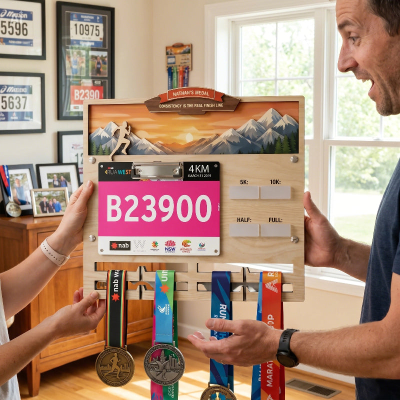 Personalized Running Medal Holder With Name, Custom Marathon Medal Display, Mountain Wooden Race Award Hanger, Gift for Runners