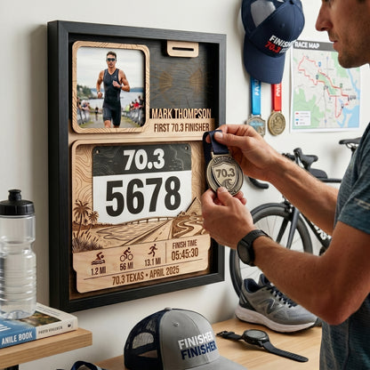 Personalized Texas 70.3 Bib and Medal Display, First Triathlon Finisher Keepsake, Custom Race Bib Holder