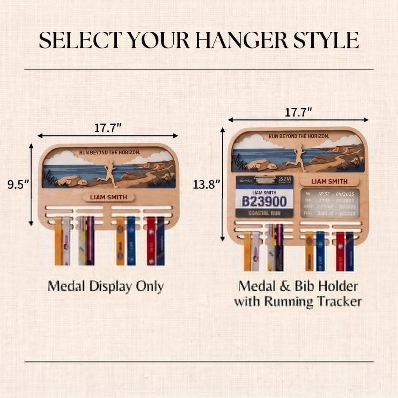 Personalized Marathon Medal Display, Running Medal Holder & Race Bib Display, Coastal Cliff Design