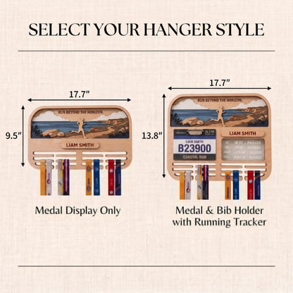 Personalized Marathon Medal Display, Running Medal Holder & Race Bib Display, Coastal Cliff Design