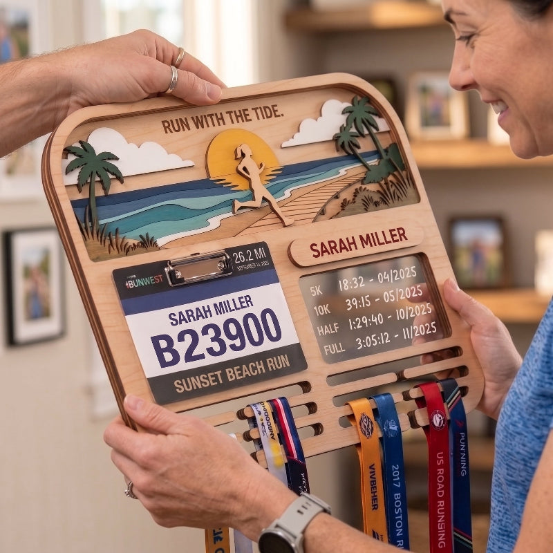 Personalized Running Medal Holder, Sunset Beach Design, Race Bib Display with Optional Running Tracker