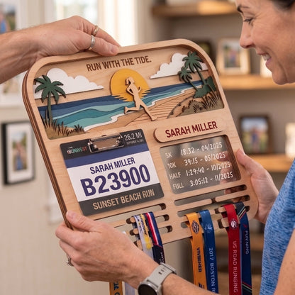 Personalized Running Medal Holder, Sunset Beach Design, Race Bib Display with Optional Running Tracker