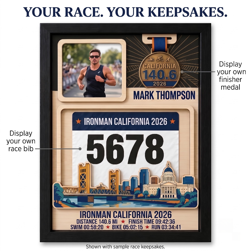Triathlon Medal Display Frame, Personalized Medal Hanger, Race Bib & Photo Display with Route Option, Triathlete Gift