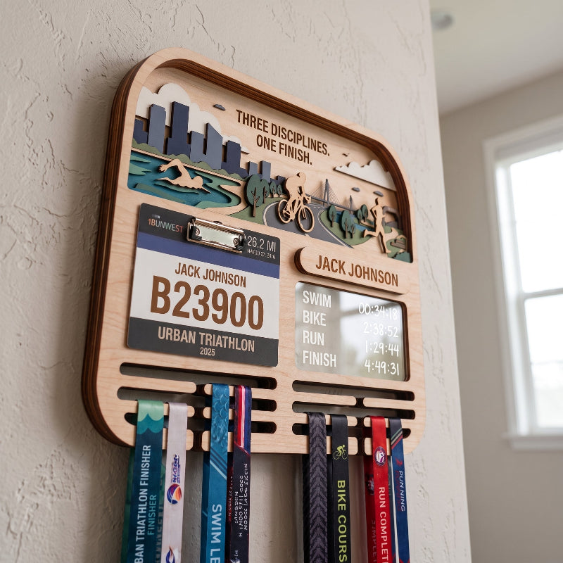 Personalized Triathlon Medal Display, Forest Medal Hanger, Optional Race Bib Holder, Triathlete Gift
