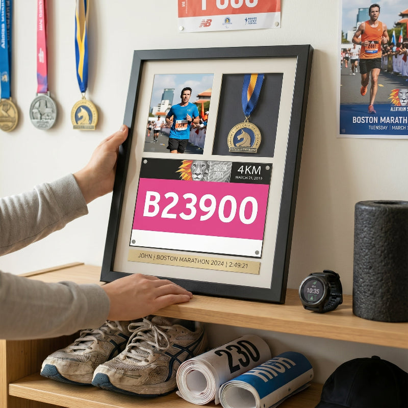 3 In 1 Running Shadow Box Display, Race Bib Medal and Photo Holder, Personalized Marathon Memory Box, Gift for Runners