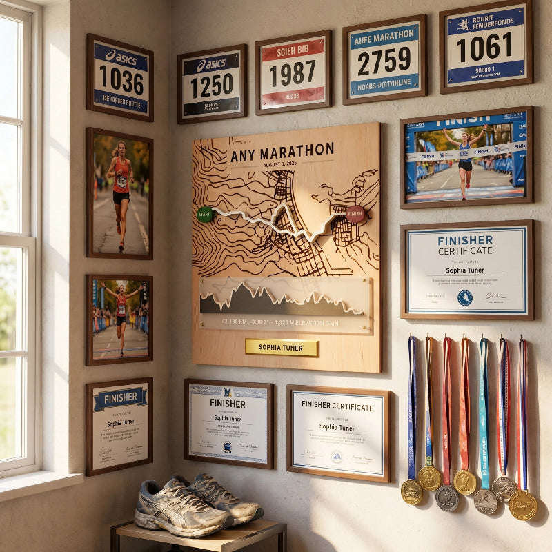 Personalized Marathon Route Map Board, 3D Running Display, Custom Race Memory Wall Decor, Gift for Runners