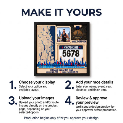Chicago Marathon Layering Medal Hanger, Personalized Race Route Map on Wood, Custom Bib & Medal Display with Photo, Gift for Marathon Finisher