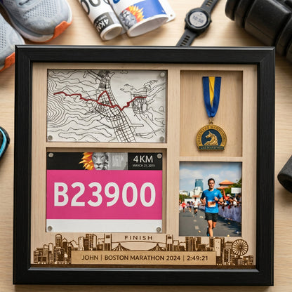 Personalized Running Medal Holder, Race Bib Medal and Photo Display, Custom Marathon Memory Wall Hanger, Gift for Runners